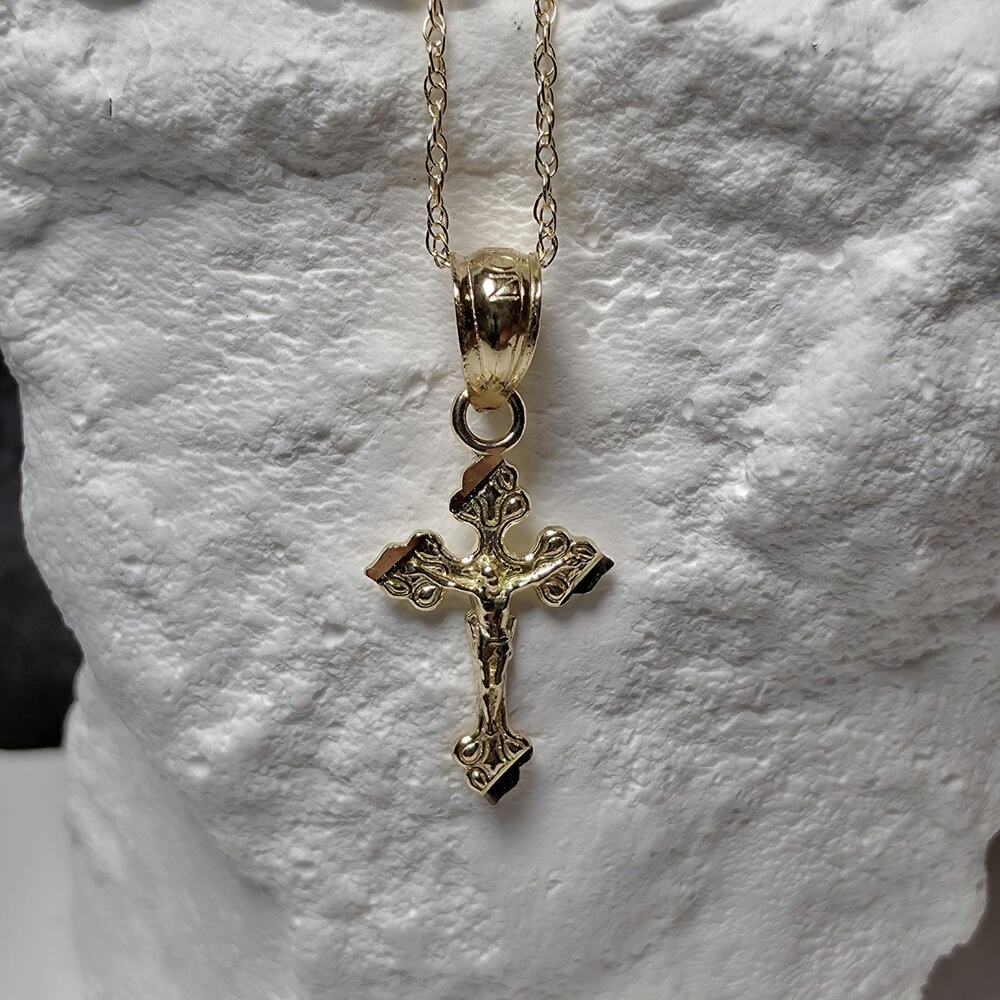 10K Solid Gold Dainty Crucifix Pendant w/ 10k 16" Singapore Necklace